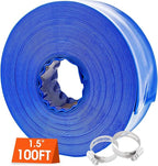 Poolvio 1-1/2" x 100' Professional Blue Backwash Hose with Clamps, General Purpose Reinforced PVC Lay-Flat Water Discharge Hose,for Use While Back-Washing Filters and Draining Pools