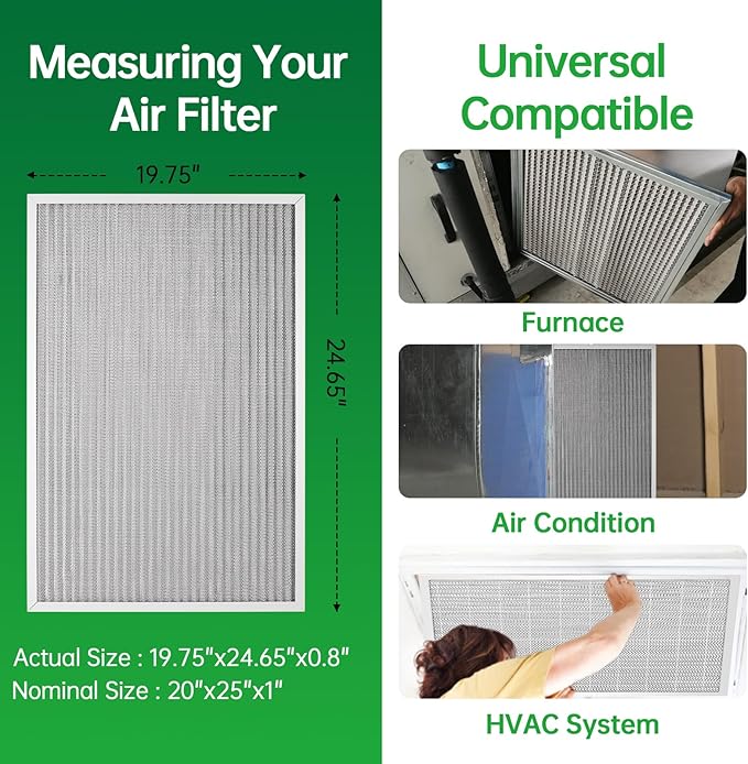 20x25x1 Air Filter Electrostatic Filter Reusable Washable HVAC AC Furnace Filter,MERV 8,Lasts a Lifetime, Healthier Home or Office(Actual Size:19.75x24.65x0.8 Inch)