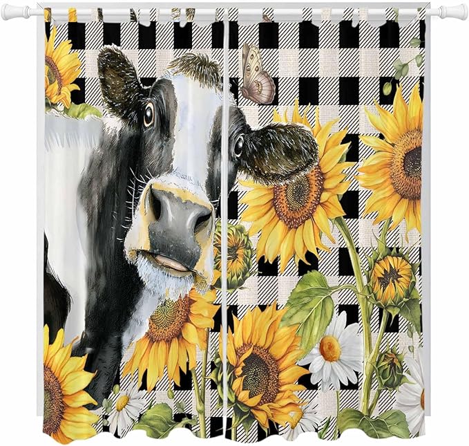 Retro Sunflowers Living Room Curtains 84 Inch Length, Window Curtains Tab Top, Farmhouse Floral Cow Butterfly Black Plaid Light Filtering Window Treatments Drapes 52"x84" 2 Panel