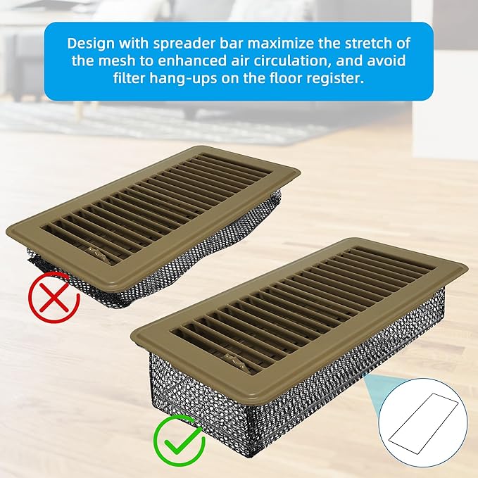 Floor Vent Screen Net, Air Vent Filter Mesh for Home Floor, Floor Register Cover Traps Catches Coin, Toys, Pet Food and Hair, Keeps Duct Cleaning - with Spreader Frame 4 Pack, 2x14 Inch