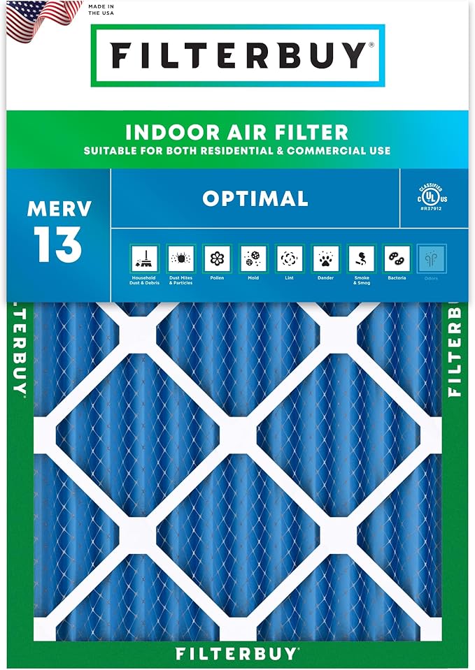 Filterbuy 15x20x2 Air Filter MERV 13 Optimal Smoke & Allergy Defense (1-Pack), Electrostatic Pleated HVAC AC Furnace Filters Replacement, Made in USA (Actual Size: 14.50 x 19.50 x 1.75)