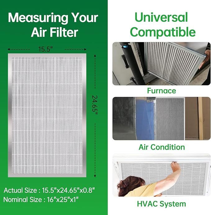 16x25x1 Air Filter Electrostatic Filter Reusable Washable HVAC AC Furnace Filter,MERV 8,Lasts a Lifetime, Healthier Home or Office(Actual Size:15.5x24.65x0.8 Inch)