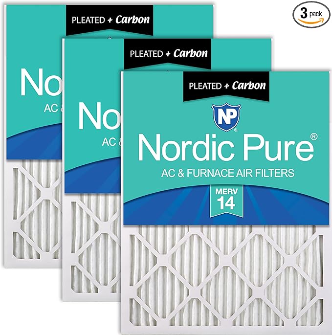 Nordic Pure 25x25x1 (Actual Size: 24 1/2 x 24 1/2 x 3/4) Pleated Air Filters MERV 14 Plus Carbon 3 Pack