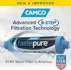 Camco Tastepure RV Water Filter - Advanced RV Inline Water Filter with Flexible Hose Protector - GAC & KDF Filtration - Made in USA - Camping Essentials for Fresh Drinking Water (40043)
