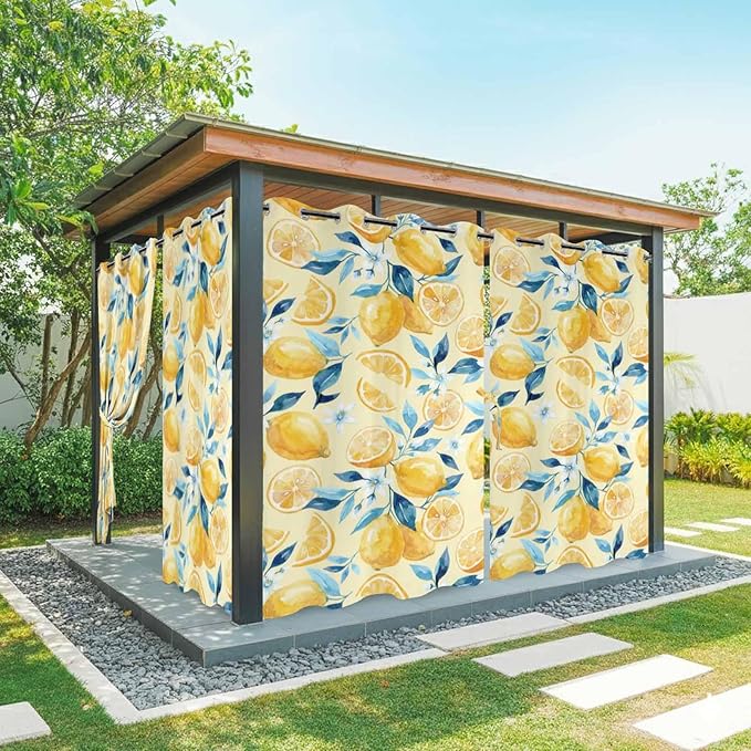 Lemon Outdoor Curtains for Patio Lemon Leaves Summer Plants Begin Waterproof Outside Curtains with Grommet Top Weatherproof Curtain for Cabana Pergola Gazebo, 1 Panel, 54" W x 95" L