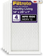 Filtrete 14x25x1 AC Furnace Air Filter, MERV 12, MPR 1500, CERTIFIED asthma & allergy friendly, 3 Month Pleated 1-Inch Electrostatic Air Cleaning Filter, 4-Pack (Actual Size 13.81x24.81x0.78 in)