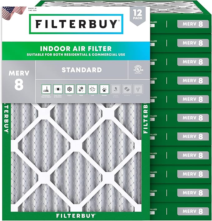 Filterbuy 30x32x2 Air Filter MERV 8 Essential Dust & Allergy Defense (12-Pack), Electrostatic Pleated HVAC AC Furnace Filters Replacement, Made in USA (Actual Size: 30.00 x 32.00 x 1.75)