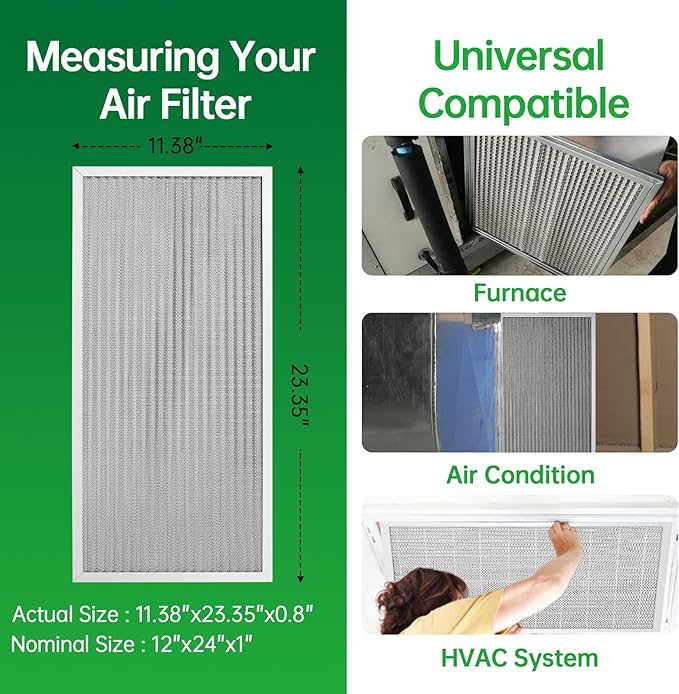 12x24x1 Air Filter Electrostatic Filter Reusable Washable HVAC AC Furnace Filter,MERV 8,Lasts a Lifetime, Healthier Home or Office(Actual Size:11.38x23.35x0.8 Inch)