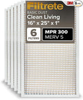 Filtrete 16x25x1 AC Furnace Air Filter, MERV 5, MPR 300, Capture Unwanted Particles, 3-Month Pleated 1-Inch Electrostatic Air Cleaning Filter, 6-Pack (Actual Size 15.69x24.69x0.81 in)