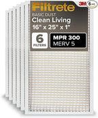 Filtrete 16x25x1 AC Furnace Air Filter, MERV 5, MPR 300, Capture Unwanted Particles, 3-Month Pleated 1-Inch Electrostatic Air Cleaning Filter, 6-Pack (Actual Size 15.69x24.69x0.81 in)