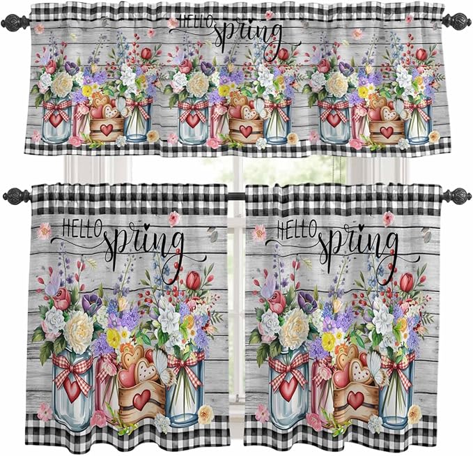 Spring Flowers Kitchen Curtains Set 3 Piece for Windows, Rod Pocket Valance and Tier Set 36 Inch Length, Farmhouse Black Plaid Wood Grain Light Filtering Cafe Curtains for Living Room Bathroom
