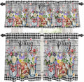 Spring Flowers Kitchen Curtains Set 3 Piece for Windows, Rod Pocket Valance and Tier Set 24 Inch Length, Farmhouse Black Plaid Wood Grain Light Filtering Cafe Curtains for Living Room Bathroom