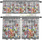 Spring Flowers Kitchen Curtains Set 3 Piece for Windows, Rod Pocket Valance and Tier Set 24 Inch Length, Farmhouse Black Plaid Wood Grain Light Filtering Cafe Curtains for Living Room Bathroom