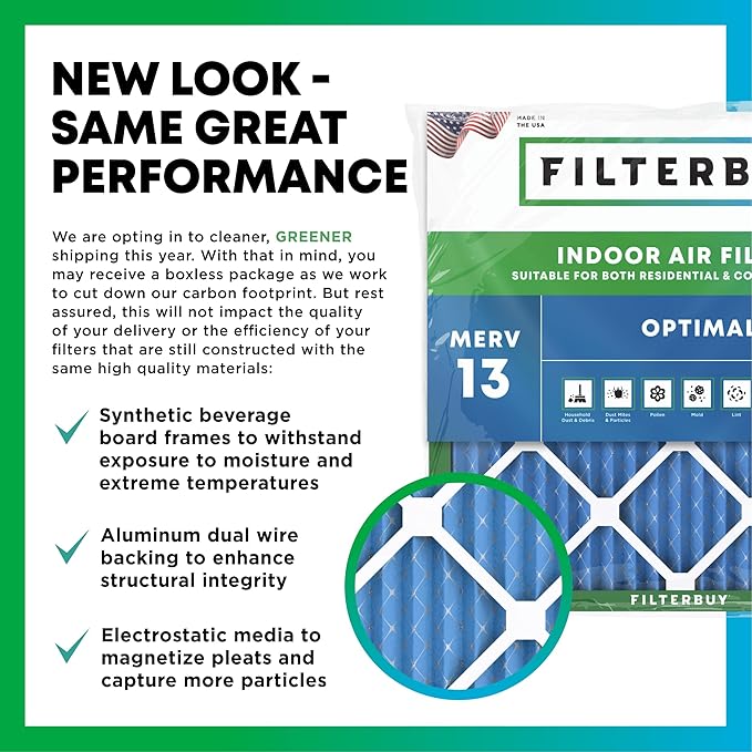 Filterbuy 16x20x2 Air Filter MERV 13 Optimal Smoke & Allergy Defense (2-Pack), Electrostatic Pleated HVAC AC Furnace Filters Replacement, Made in USA (Actual Size: 15.50 x 19.50 x 1.75)