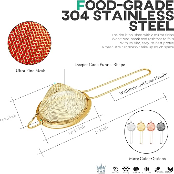 Homestia Fine Mesh Strainer for Kitchen, 304 Stainless Steel Cocktail Sieve Sifters for Food, Liquid Strainer for Drinks, Tea, Coffee, Juice, Flour, Spice, Fruits, Vegetables (Gold, 2 Pieces)