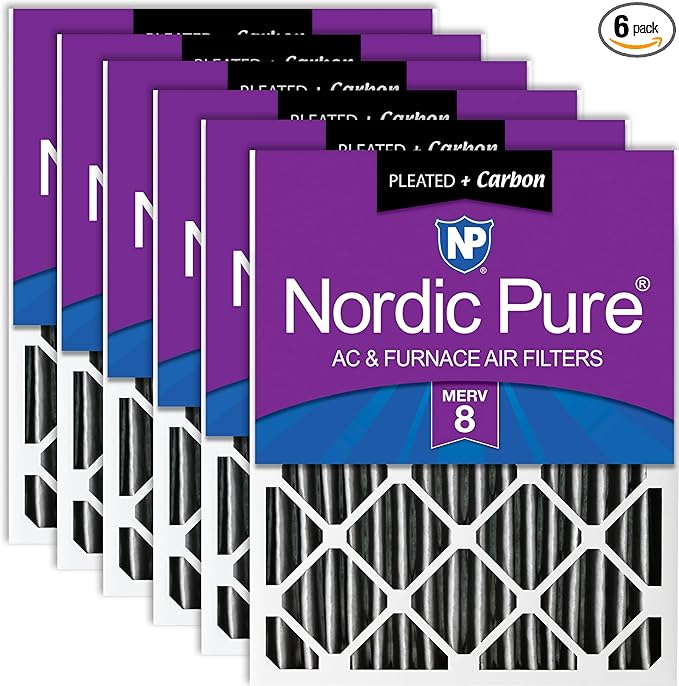 Nordic Pure 16x25x4 (Actual Size: 15 1/2 x 24 1/2 x 3 5/8) Pleated Plus Carbon Air Filters MERV 8 6 Pack
