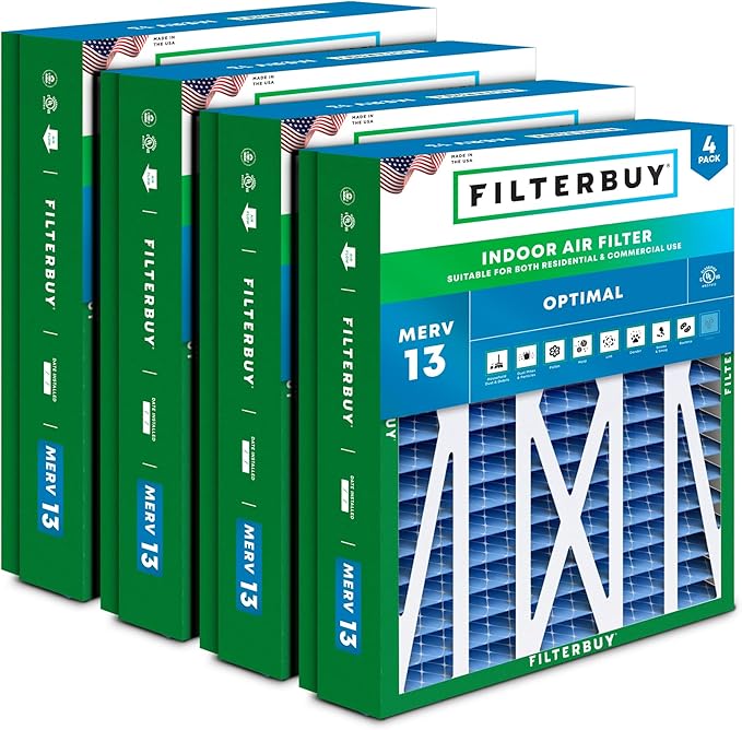 Filterbuy 24.5x27x5 Air Filter MERV 13 Optimal Smoke & Allergy Defense (4-Pack), Pleated HVAC AC Furnace Filters for Trane, American Standard, Honeywell, and More (Actual Size: 24.06 x 26.13 x 4.97)