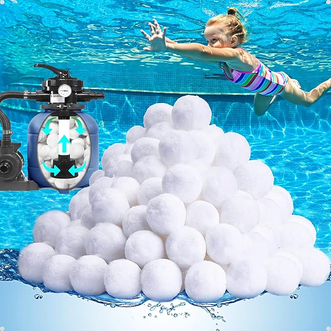 QwayHome 3.1 lbs Pool Filter Balls, Reusable Filter Sand Balls for Above Ground Pool Sand Pump, Pool Filter Sand Alternative, Eco-Friendly Fiber Filter Balls, Replace 110 lbs Filter Sand, White