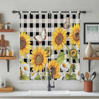 Sunflowers Bathroom Curtains 63 Inch Length, Window Curtains Tab Top, Yellow Flowers Butterfly Farmhouse Black Plaid Light Filtering Window Treatments Drapes 52"x63" 2 Panel