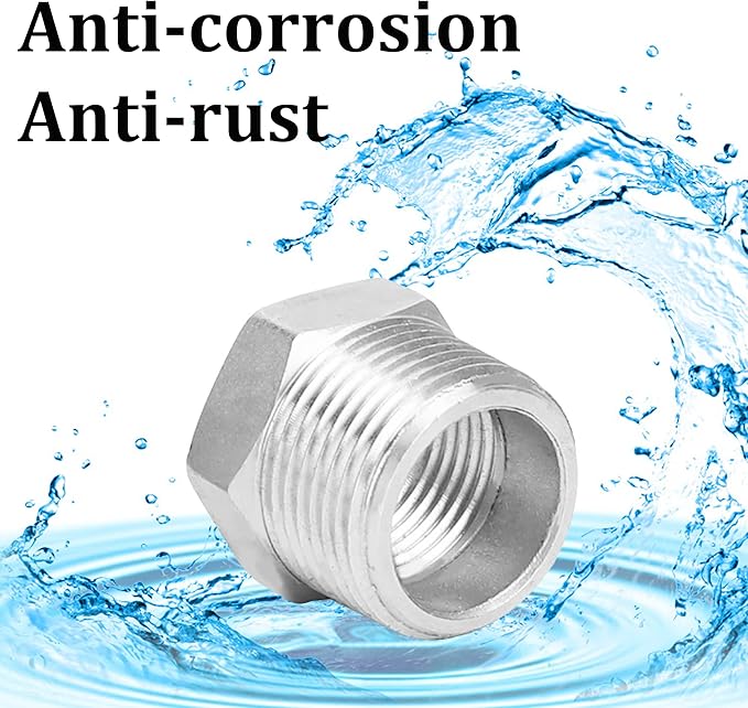 2 Pcs Reducer Hex Bushing, 304 Stainless Steel 1" Male NPT to 1/2" Female NPT（ 1"MNPT - 1/2"FNPT） Pipe Fitting Hex Bushing, Heavy Duty Pipe Fitting Reducer Adapter