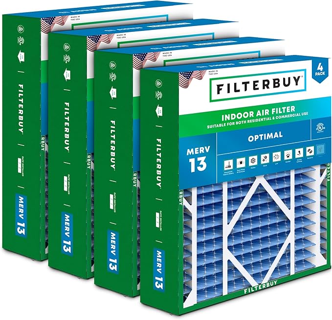 Filterbuy 21x21x5 Air Filter MERV 13 Optimal Smoke & Allergy Defense (4-Pack), Electrostatic Pleated HVAC AC Furnace Filters Replacement for Rheem, Ruud, & Protech (Actual Size: 20.63 x 20.63 x 4.38)