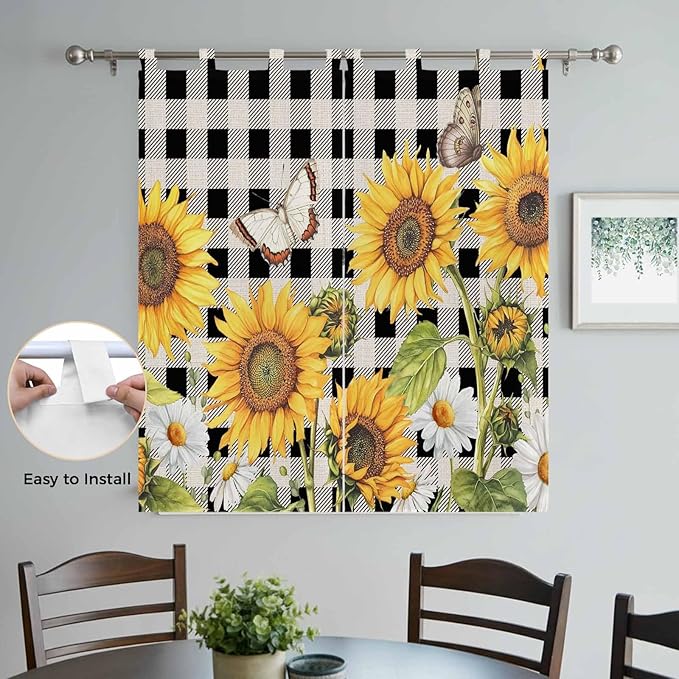 Sunflowers Living Room Curtains 84 Inch Length, Window Curtains Tab Top, Yellow Flowers Butterfly Farmhouse Black Plaid Light Filtering Window Treatments Drapes 42"x84" 2 Panel