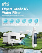 AQUA CREST RV Inline Hose Water Filter, Garden and Camper, NSF Certified, Greatly Reduces Chlorine, Bad Taste, Odor, 2 Pack with Hose Protector (Package May Vary)