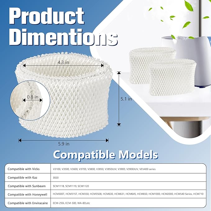 Funmit WF2 Humidifier Filter Replacement for Vicks Kaz Humidifier Starry Night Cool Mist V3500N V3700 V3100 V3900 Sunbeam 1118 1119 Honeywell HCM-300T HCM-350 WA-8D Enviracaire ECM-500 4 Pack