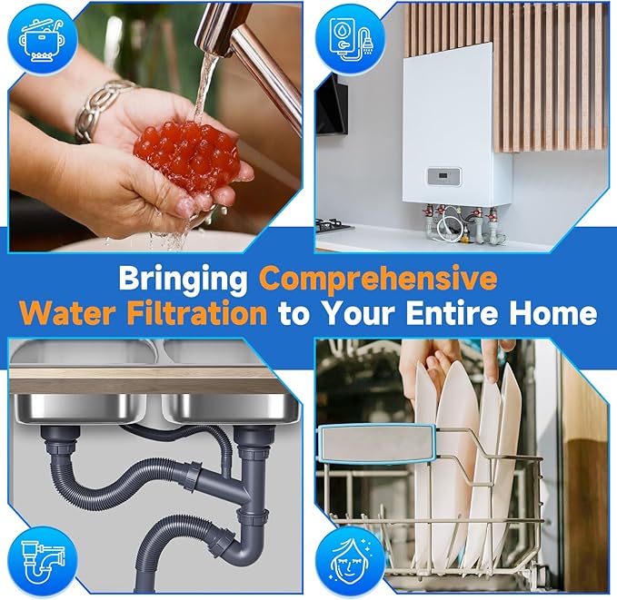 PUREPLUS 20-Inch 3-Stage Whole House Water Filter, Home Filtration System | Pleated Pre-Filter, Activated Carbon & Iron-Manganese Reducing | Built-in Pressure Gauges, with Steel Stand Frame