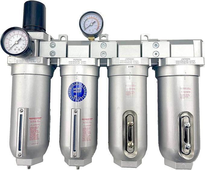 4 STAGE SUPER DUTY INDUSTRIAL GRADE ULTRA CLEAN FILTER REGULATOR COALESCING DESICCANT DRYER SYSTEM FOR COMPRESSED AIR LINES METAL BOWLS GREAT FOR PAINT SPRAY AND PLASMA CUTTER (3/4"NPT MANUAL DRAIN)