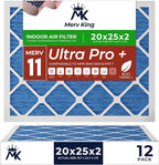 MervKing 20x25x2 Air Filter Actual Size: 19.7" x 24.7" x 1.75" MERV 11 MPR 1000-1200 | MADE IN USA | 12-Pack | Pleated HVAC AC Furnace Replacement