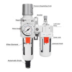 NANPU 3/8" NPT Auto-Drain Air Filter Regulator Lubricator Combo (FRL) Water/Oil Trap Separator - Gauge(0-150 psi), 5 Micron Brass Element, Poly Bowl, Metal Bracket