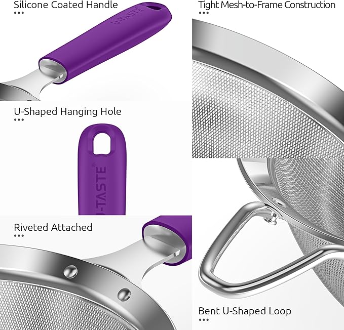 U-Taste Medium Fine Mesh Strainer: 18/8 Stainless Steel 4.73in 30 Mesh Kitchen Food Sieve with Sturdy Riveted Silicone Handle, Heavy Duty Deep Handheld Metal Colander for Rice, Quinoa, Flour (Purple)