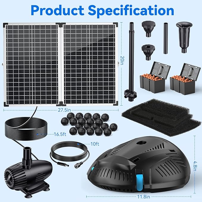POPOSOAP Pond Filter with 55W Solar Fountain Pump, Solar Pond Filter with 580GPH Pump & Fountain Kit – Outdoor Filter Box with 6.6FT PVC Tubing, Perfect for Koi Ponds, Waterfalls, Water Features