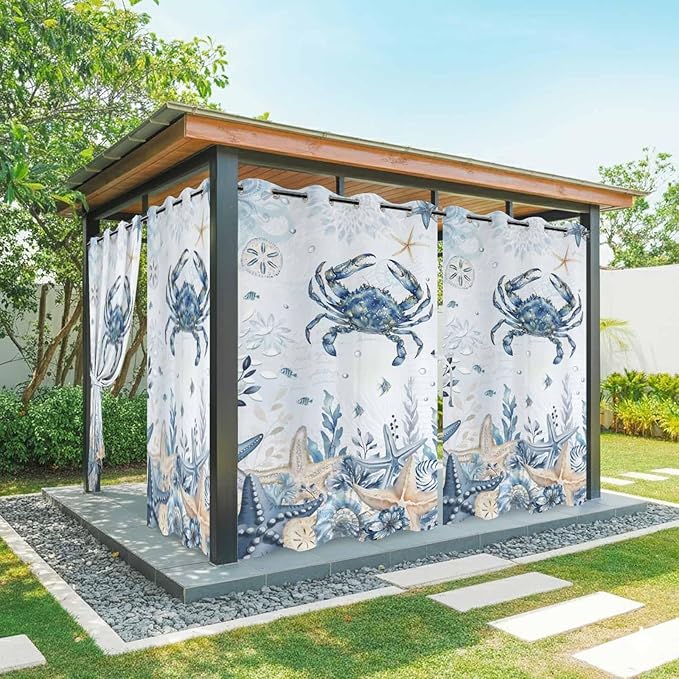 Oceans Outdoor Curtains for Patio Crabs Marine Life Shell Starfish Blue Waterproof Outside Curtains with Grommet Top Weatherproof Curtain for Cabana Pergola Gazebo, 2 Pack, 54" W x 108" L