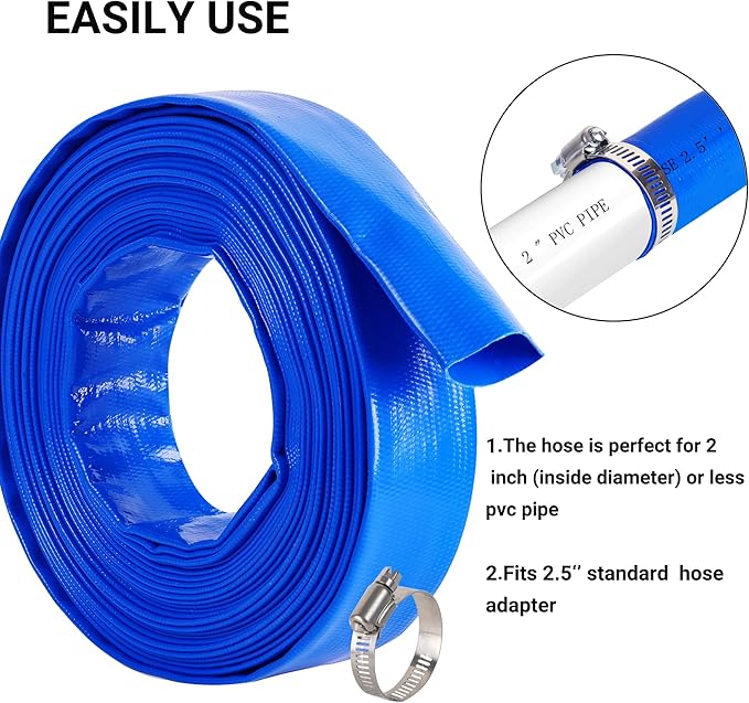 2.5" x 25 FT Pool Backwash Hose, Blue Heavy Duty Reinforced PVC Lay Flat Water Discharge Hose for Swimming Pool Filter Pump,with 2 Clamp
