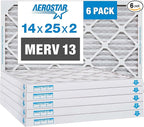 Aerostar 14x25x2 MERV 13 Pleated Air Filter, AC Furnace Air Filter, 6 Pack (Actual Size: 13 1/2" x 24 1/2" x 1 3/4")