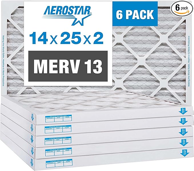 Aerostar 14x25x2 MERV 13 Pleated Air Filter, AC Furnace Air Filter, 6 Pack (Actual Size: 13 1/2" x 24 1/2" x 1 3/4")