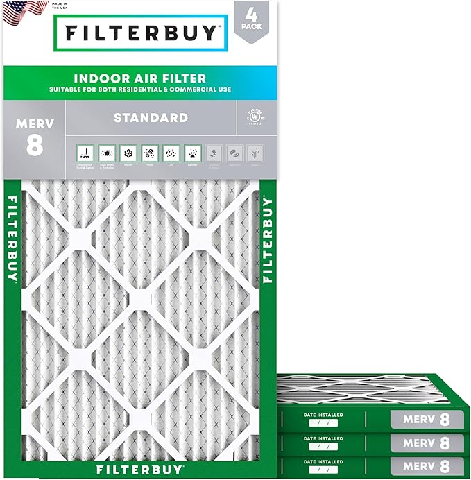 Filterbuy 10x18x1 Air Filter MERV 8 Essential Dust & Allergy Defense (4-Pack), Electrostatic Pleated HVAC AC Furnace Filters Replacement, Made in USA (Actual Size: 9.50 x 17.50 x 0.75)