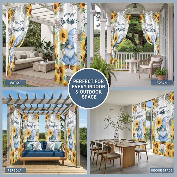 Summer Outdoor Curtains for Patio Sunflowers Gnome Eucalyptus Leaves Waterproof Outside Curtains with Grommet Top Weatherproof Curtain for Cabana Pergola Gazebo, 1 Panel, 54" W x 95" L