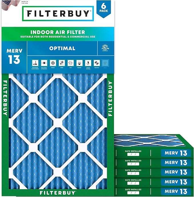 Filterbuy 16x32x1 Air Filter MERV 13 Optimal Smoke & Allergy Defense (6-Pack), Electrostatic Pleated HVAC AC Furnace Filters Replacement, Made in USA (Actual Size: 15.50 x 31.50 x 0.75)