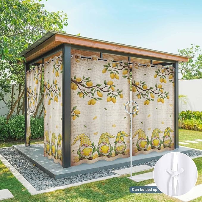 Summer Gnome Outdoor Curtains for Patio Gnome Lemon Leaf Vintage Waterproof Outside Curtains with Grommet Top Weatherproof Curtain for Cabana Pergola Gazebo, 2 Pack, 54" W x 84" L