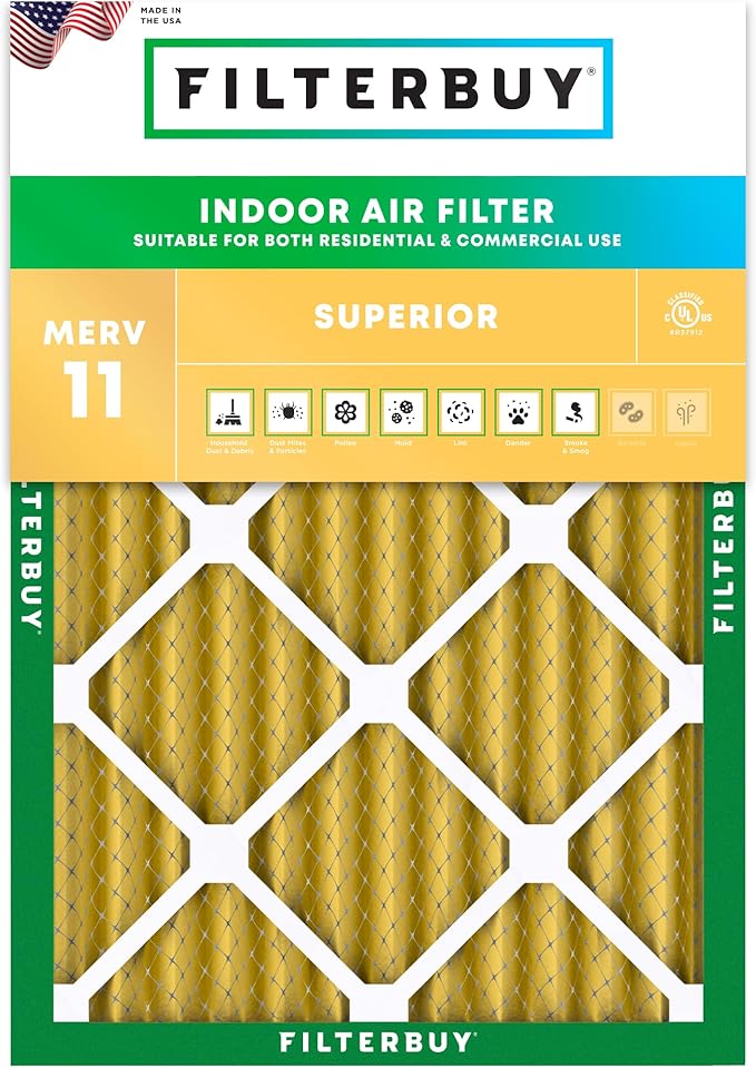 Filterbuy 12x15x2 Air Filter MERV 11 Superior Pet & Allergy Defense (1-Pack), Electrostatic Pleated HVAC AC Furnace Filters Replacement, Made in USA (Actual Size: 11.50 x 14.50 x 1.75)