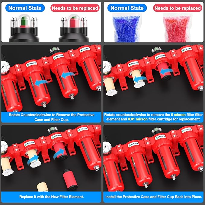 TAILONZ PNEUMATIC 0-150PSI 1/4 Inch NPT Red Industrial Grade 5 Stage Air Drying System, Particulate Filter, Coalescing Filter, Double Desiccant Dryer and Air Regulator (Manual Drainage)