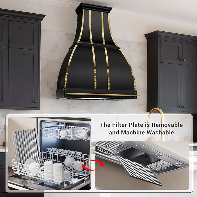 CHETTO C Stainless Steel Range Hood Cover with 4-Speed Vent Hood Insert Custom Handmade Metal Kitchen Fan with Towel Rack LED Light 42"W x21"D x57"H Black Wall Mount