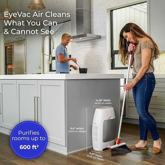 EyeVac Air 2-in-1 HEPA Air Purifier & Touchless Vacuum Automatic Dustpan - Ultra Fast & Powerful - Covers 600 Sq ft - Corded Canister Vacuum, Bagless, Automatic Sensors, 1000 Watt (White/Silver)