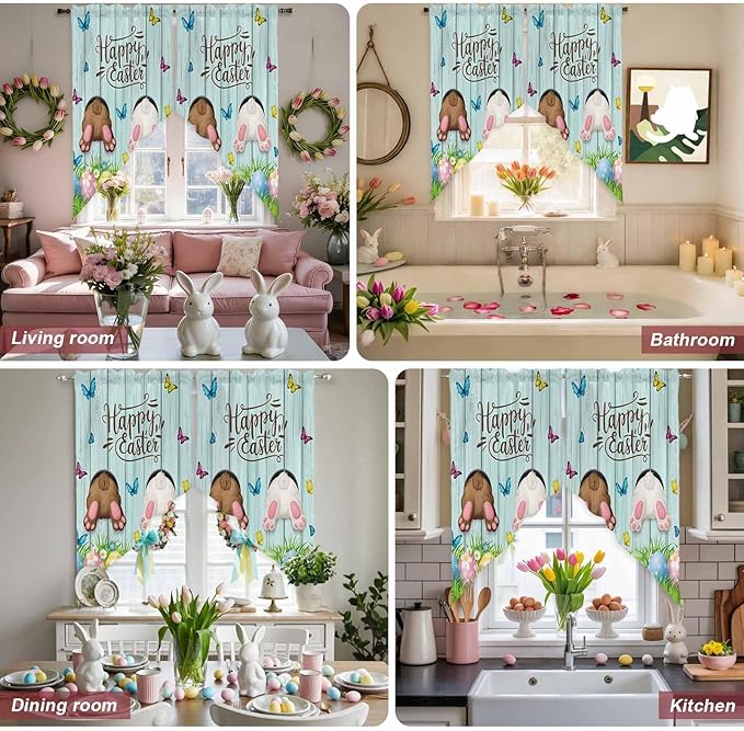 Swag Curtain Valances for Kitchen Windows,Happy Easter Bunny Butt Egg Floral Short Rod Pocket Window Valance,Spring Plant on Aqua Wood Swag Topper for Bedroom Living Room,2 Panels 36x36in