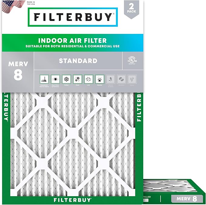 Filterbuy 19.88x21.5x1 Air Filter MERV 8 Essential Dust & Allergy Defense (2-Pack), Electrostatic Pleated HVAC AC Furnace Filters Replacement, Made in USA (Actual Size: 19.88 x 21.50 x 0.75)