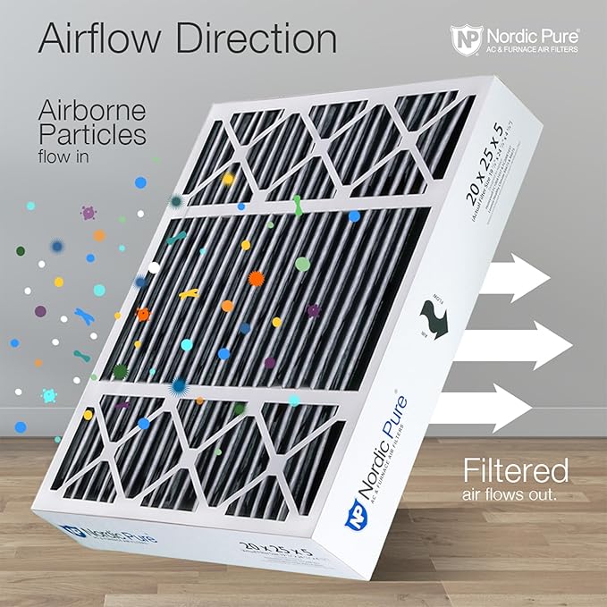 Nordic Pure 20x25x5 (Actual Size: 19 7/8 x 24 7/8 x 4 3/8) Honeywell Replacement Air Filters MERV 8 Pleated + Carbon 1 Pack