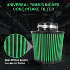 Cold Air Intake Filter High Performance Washable Filter Clamp-On Replacement Air Filter Flange Diameter 3inch/76mm Green